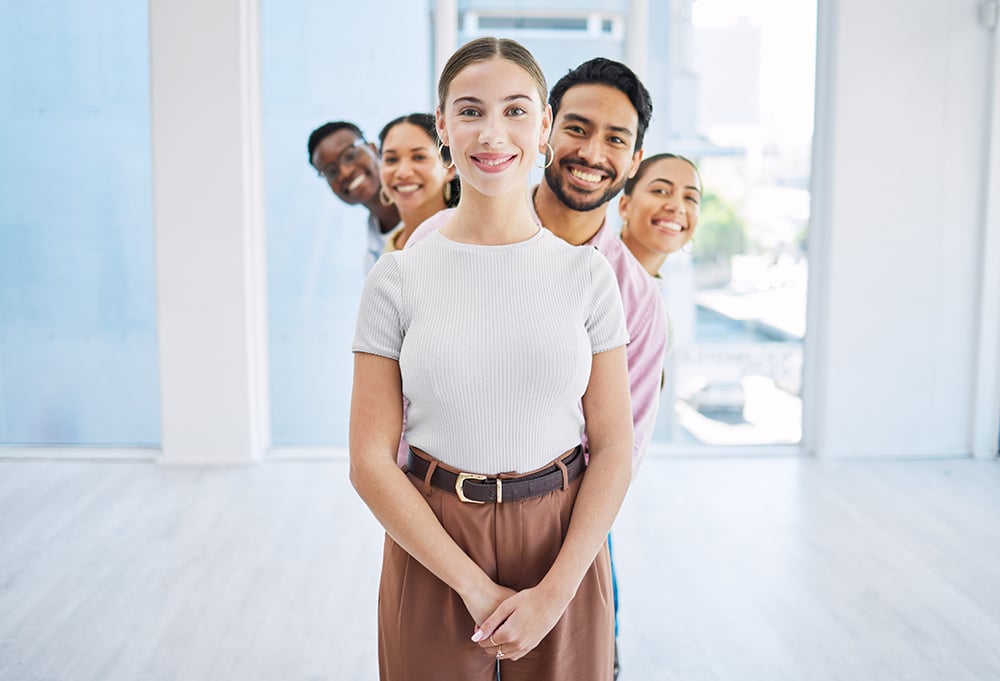 Men, women and teamwork in row in office with portrait, diversity and happiness for collaboration a.